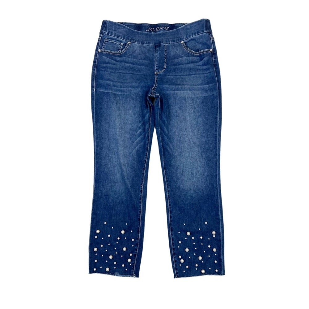 Jag Pull On High Rise Slim Ankle Length Jeans 16 Pearl Details Raw Hem Stretchy - Picture 3 of 9